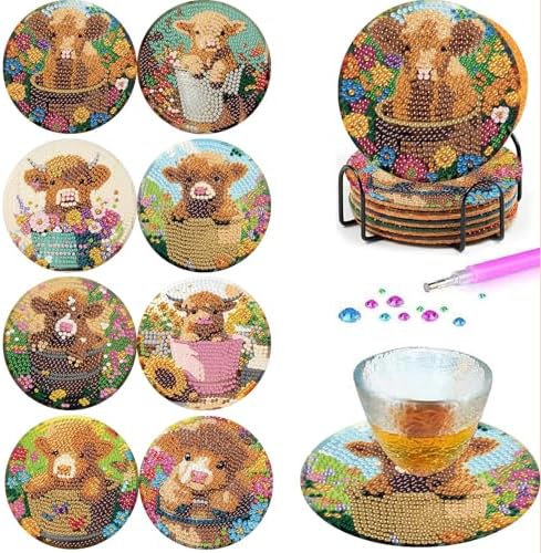 8 Pcs Highland Cow Diamond Art Coasters with Holder, DIY Diamond Painting Coasters Kits for Adults Beginners, Cow Diamond Art Coasters for Drinks, Non-Slip Heat Resistant Coasters Home Decor Gifts - Image 6