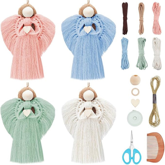 FREEBLOSS 4 Set Beginners Macrame Kit DIY Macrame Angel Kit DIY Macrame Kit for Beginners with Instructions Boho Angel Decor Adults Craft Kit for Adults Christmas Gift