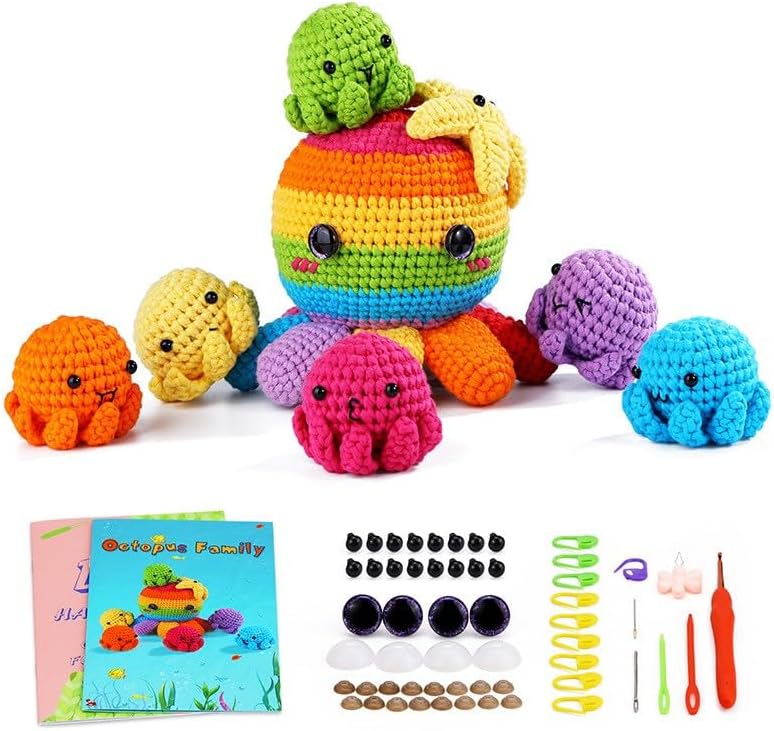 Huacan Octopus Crochet Kit for Beginners, Crochet Kit for Adults Beginner, Octopus Complete Crochet Animals Starter Kit with Step-by-Step Video Tutorials, Easy Knitting Kit Cat Crafts Gifts by Home