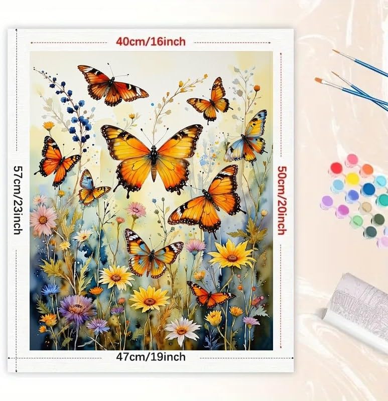 Floral Paint by Numbers Kit for Adults - DIY Orange Butterflies and Wildflowers Painting on Canvas 16x20 Inches, Acrylic Paint Set, Suitable for Beginners, Art for Home Decoration or Gifts - Image 2
