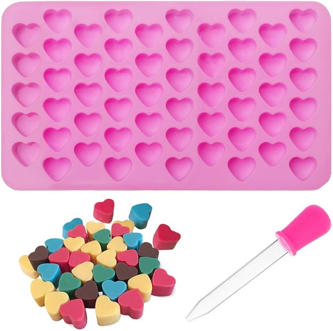 Pimoys Silicone Moulds for Wax Melts with Dropper 55 Heart Mould Sweet Moulds Mini Candy Molds Silicone Shape for Love Chocolate Soap Jelly Melts Gummy DIY
