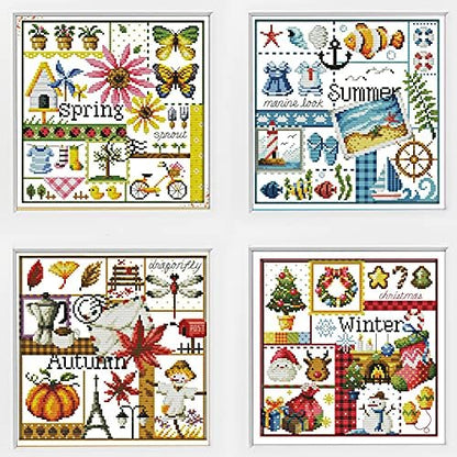 Awesocrafts 4 Pack Cross Stitch Kits, Four Seasons Easy Patterns Cross Stitching Embroidery Kit Supplies, Stamped or Counted (Four Seasons, Stamped) by Awesocrafts
