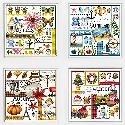 Awesocrafts 4 Pack Cross Stitch Kits, Four Seasons Easy Patterns Cross Stitching Embroidery Kit Supplies, Stamped or Counted (Four Seasons, Counted) by Awesocrafts
