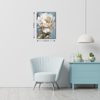WENGTIAO Rustic White Flower Canvas Wall Art Blue Blooming Peony Floral with Gold Edges Print Pictures Posters Modern Framed Artwork for Bedroom Living Room Bathroom Office Kitchen 12x16in