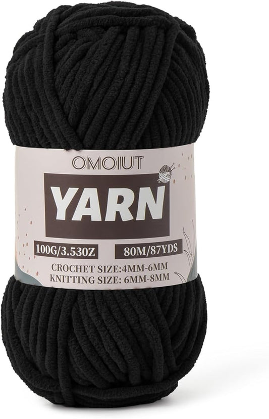 Black Fluffy Chenille Yarn for Crocheting - Baby Yarn for Crocheting Soft Blanket - (100g/87.4yds) Crochet Amigurumi Chunky Yarns - Super Bulky 5 Velvet Yarns