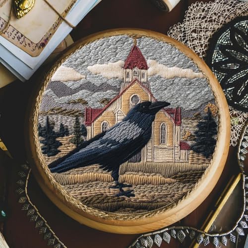 FONNUY Embroidery Kit, Featuring Crow and Landscape Patterns, Cross Stitch Kits for Both Adults and Beginners, Handmade Crafts Printed Pattern Set, Color Thread Needlework, 8'' Hoop (Tenacious Bird) - Image 4