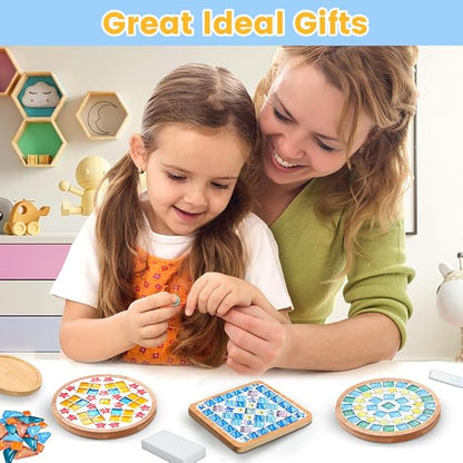 kuchisity 10 Set DIY Glass Mosaic Tiles for Crafts, Mixed Color Mosaic Kits with Wooden Coasters for Adults Bamboo Coaster for Creative Handmade Drinks Home Decoration