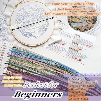 FONNUY 2 Set Embroidery Kit DIY for Adult Beginner, Pre-Stamped Patterns Mountain Sea Embroidery Kits with Hoop, Colored Threads and Needles, Easy to Follow Needlework (Boho Trees) - Image 5