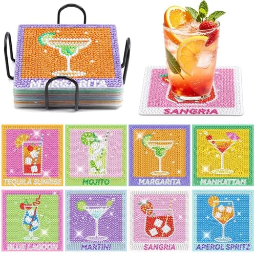 UPINS 8Pcs Cocktail Diamond Art Coasters,Summer Beach Diamond Art Coasters with Holder for Adults DIY Drink Bar Party Home Warming Gifts by UPINS