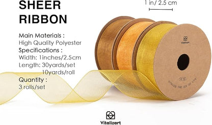 Vitalizart Gold Ribbon Organza Sheer Ribbon 1 inch x 30 Yd Fall Ribbon Handmade Fabric Ribbons for Gift Wrapping Christmas Tree Crafts Bows Wedding Invitations Wreaths Wrap
