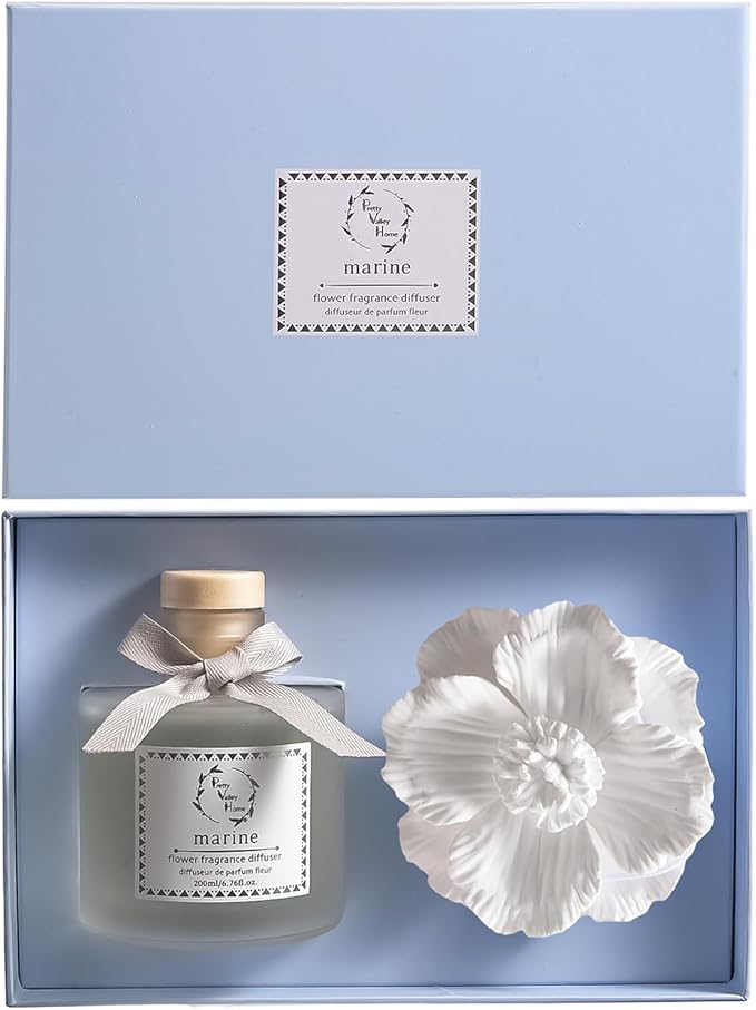 Pretty Valley Home Reed Diffuser Sets, 6.76 Fl. Oz / 200ML Ceramic Diffuser Flower Gift Box, Home Reed Diffuser for Bathroom Office Bathroom Living Room Decor (Marine White)