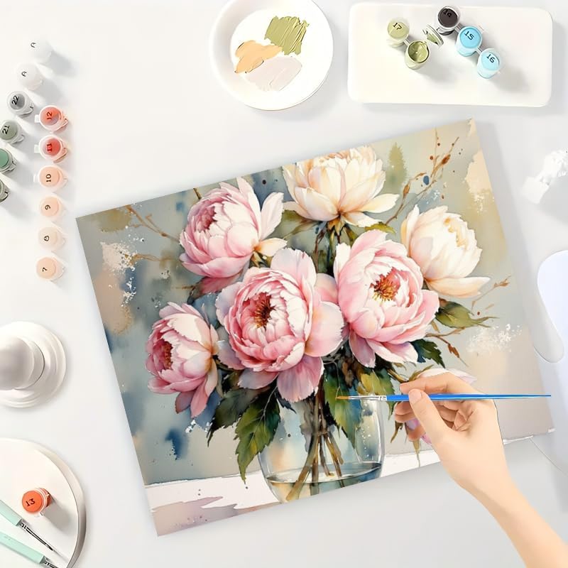 TAOPAOLAB Floral Bouquet Paint by Numbers Kit for Adults - DIY Watercolor Pink Peonies Painting on Canvas 16x20In, Framed Acrylic Paint Set, Suitable for Beginners, Art for Home Decoration or Gifts - Image 3