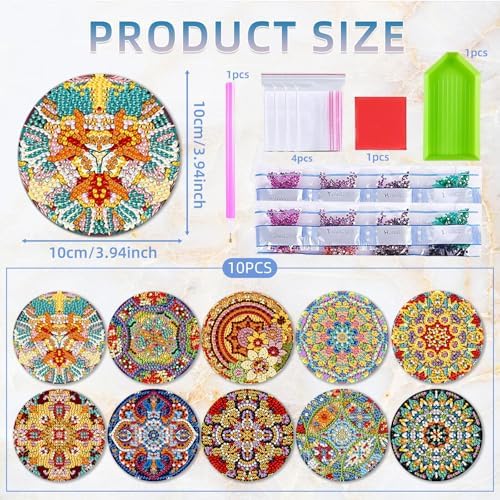 EWJRNSF 10 PCS Mandala Diamond Art Coasters Kit with Holder for Adults - Image 2