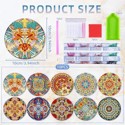 EWJRNSF 10 PCS Mandala Diamond Art Coasters Kit with Holder for Adults - Image 2