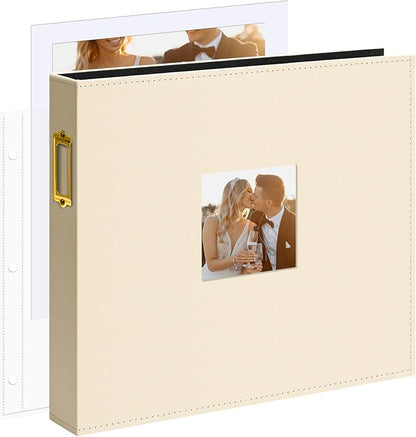 Vienrose 12x12 Inch Large 3 Ring DIY Scrapbook Photo Album Leather Cover Scrap Book Albums Blank Scrapbooks Photobook with 50 Plastic Sleeves 100 Pages for Wedding Baby Family Anniversary (Beige)