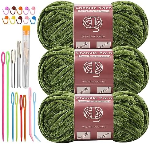 LUNARM Chenille Yarn 3 Pack 3.5oz Chunky Blanket Velvet Yarn 263 Yard by Lunarm