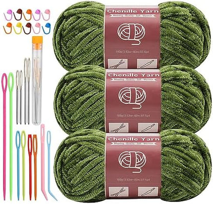 LUNARM Chenille Yarn 3 Pack 3.5oz Chunky Blanket Velvet Yarn 263 Yard by Lunarm