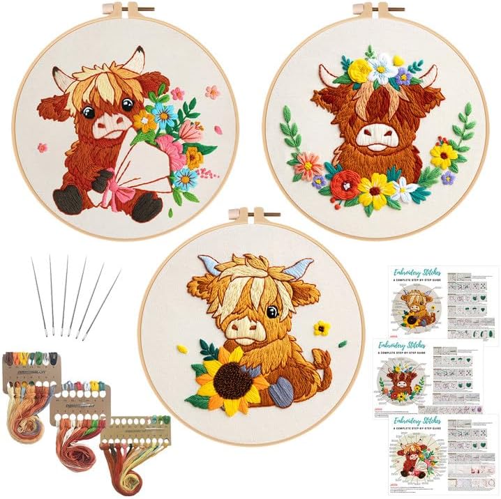 Nuberlic 3 Pack Embroidery Kit for Beginners, Highland Cow Embroidery Kits by Nuberlic