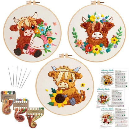Nuberlic 3 Pack Embroidery Kit for Beginners, Highland Cow Embroidery Kits by Nuberlic