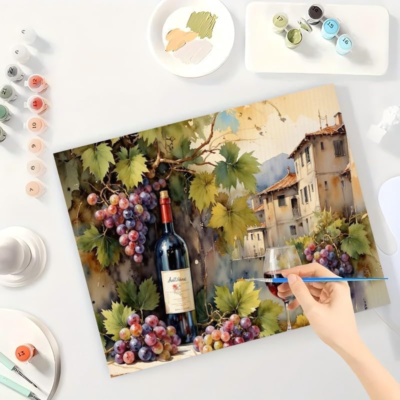 Kitchen Art Paint by Numbers Kit for Adults - DIY Wine Bottle and Grapes with Village View Painting on Canvas 16x20 Inches, Acrylic Paint Set, Suitable for Beginners,Art for Decoration/Gifts - Image 3