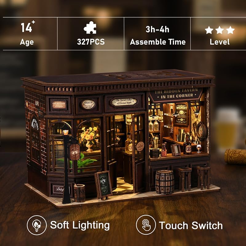 Corner Tavern Book Nook - DIY Book Nook Kit for Adults | Wooden Bookshelf 3D Book Nook Miniature Kit with LED Lights, Puzzle Decor for Book Lovers, 327 PCS, Cozy Bar Scene Decor - Image 5