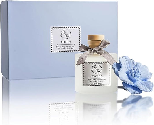 Pretty Valley Home Reed Diffuser Sets, 6.76 Fl. Oz / 200ML Ceramic Diffuser Flower Gift Box, Home Reed Diffuser for Bathroom Office Bathroom Living Room Decor (Marine Blue)