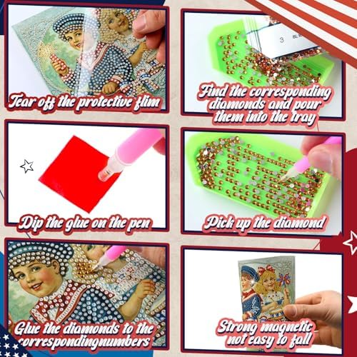 Saillong 12 Pack Vintage 4th of July Diamond Painting Greeting Card Kits Patriotic Diamond Art Cards with Envelopes Retro Red White Blue 5D Rhinestones Painting Making Kits for Adults DIY Craft Gifts - Image 6