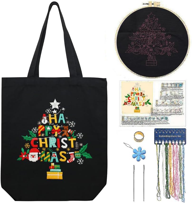CREAWONDER Canvas Tote Bag Embroidery Kit with Pattern for Beginners, Arts and DIY Embroidery Crafts Kits for Adults, Include Instructions, Thimble, Embroidery Hoops, Color Threads and Tool by Unknown
