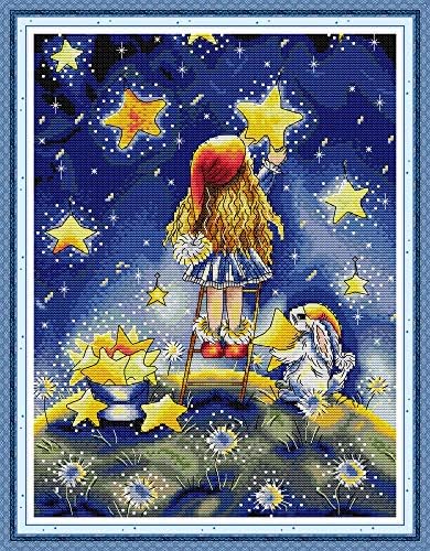 Howie's Needlepoint Cross Stitch Kits, 14CT Pre-Printed Pattern Needlepoint Kits, Full Range of Stamped Starter Kits (Girl Picking Stars, 12.6 x 16.1 Inch) by HowiesNeedlepoint