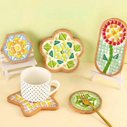BUYGOO 10Pcs DIY Wooden Mosaic Tiles Coasters Assorted Shapes, Blank Base Trays, Drinking Cup Coaster, Plant Coaster, Art Plate, DIY Mosaic Supplies for Arts and Crafts Home Decor