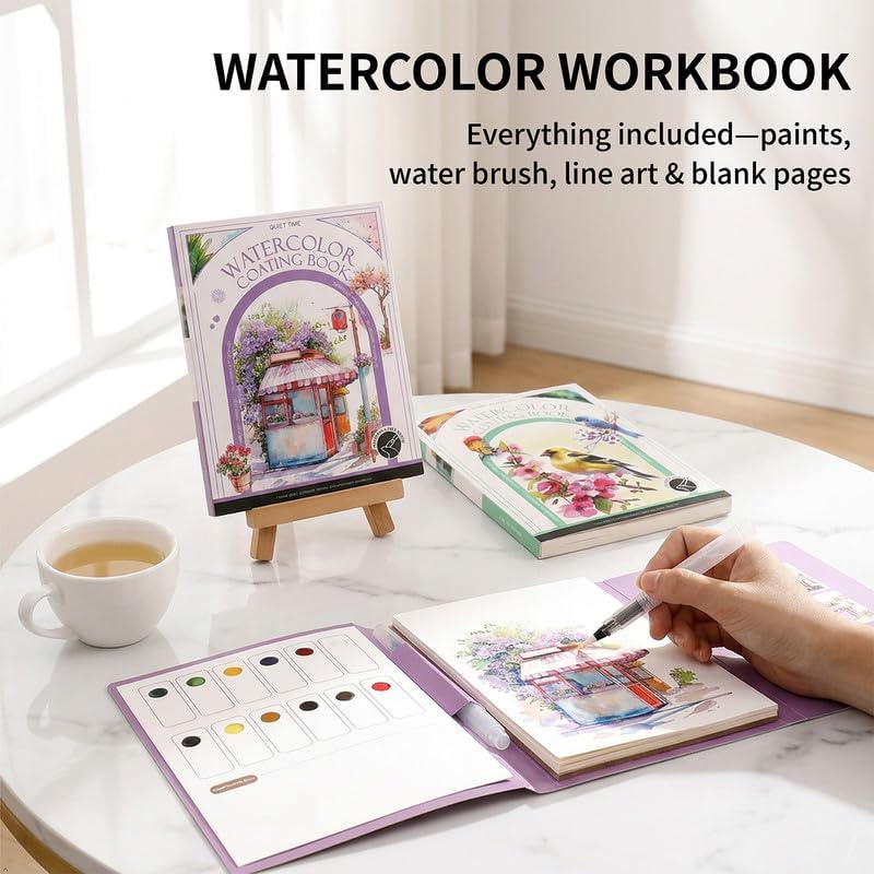Watercolor Coloring Book for Adults, 2-Pack Watercolor Workbook Kit for Beginners with 24 Colors, 2 Water Brushes, 32 Pages, 240gsm Thick Watercolor Paper, Stress Relief Art Gift (Bird & Quiet) - Image 2