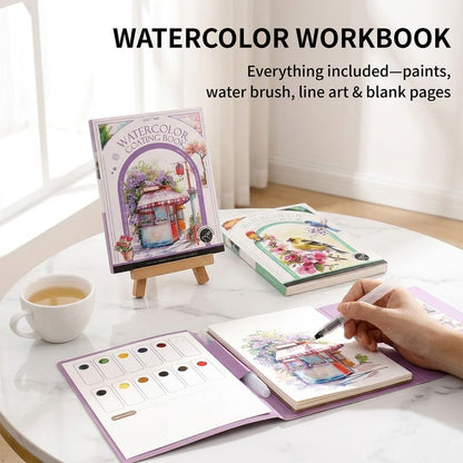Watercolor Coloring Book for Adults, 2-Pack Watercolor Workbook Kit for Beginners with 24 Colors, 2 Water Brushes, 32 Pages, 240gsm Thick Watercolor Paper, Stress Relief Art Gift (Bird & Quiet) - Image 2