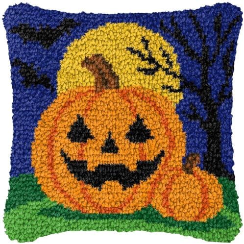 Howie's Latch Hook Kit, DIY Helloween Pumpkin Pillow Crochet Yarn Kits for Adults, Color Preprinted Pattern Embroidery Sofa Cushion Cover (Helloween Pumpkin, 16.93 x 16.93 inch) by HowiesNeedlepoint