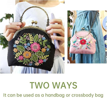 Flower Embroidery Kit Tote Bag, Embroidery Coin Purse Kits Handbag Hand Embroidery Kit for Adults Beginner with Embroidery Patterns, Embroidery Hoop,DIY Sewing Kit
