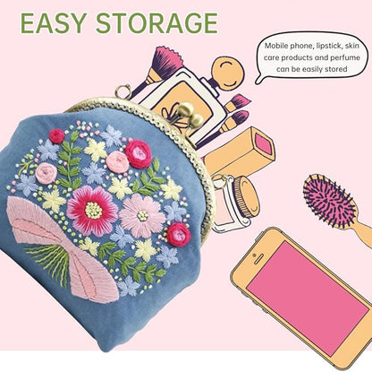 Eforcase Flower Embroidery Kit Tote Bag, Embroidery Coin Purse Kits Handbag Hand Embroidery Kit for Adults Beginner with Embroidery Patterns, Embroidery Hoop,DIY Sewing Kit