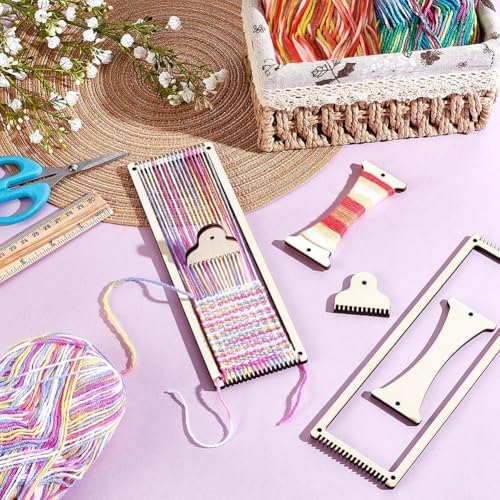 AHANDMAKER 2 Sets Weaving Loom Kit Weaving Frame Set with Yarns,Rods,Combs,Shuttles 2.6 x 8 Inch Wood Bookmark Knitting Loom for Adults Weaving Lovers, Contains Enough Weaving Yarn - Image 5