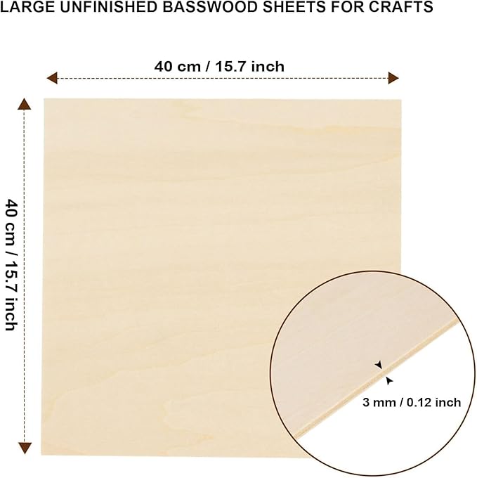 24 Pack Basswood Sheets for Crafts - 16 x 16 x 1/8 Inch - 3mm Thick Large Plywood Sheets Unfinished Bass Wood Boards for Laser Cutting, Wood Burning, Architectural Models, Staining