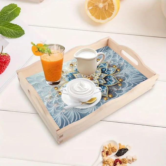 DoxQcs DIY Diamond Art Wooden Food Tray with Handle Diamond Painted Table Decoration Tray for Breakfast Bar Dinner Table Diamonds Art Painting for Beginners-Mandala