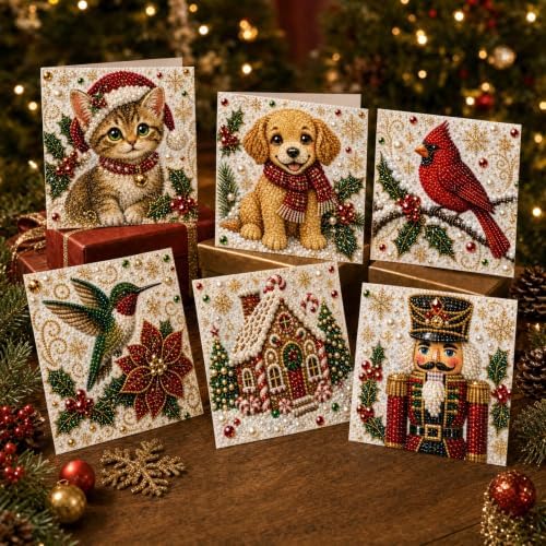 Diamond Art Painting Christmas Cards 6 Pack, 5D DIY Gem Greeting Card Kits by Unknown