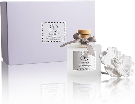 Pretty Valley Home Reed Diffuser Sets, 6.76 Fl. Oz / 200ML Ceramic Diffuser Flower Gift Box, Home Reed Diffuser for Bathroom Office Bathroom Living Room Decor (Lavender White)