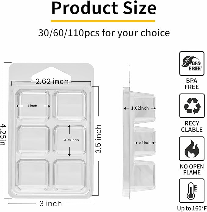 Wax Melt Container Clamshell Packaging Mold Box Stand for Plastic Clear Empty Wax Candle Melt Tart Packaging Cube Container Clamshell Mold Holder Organizer Tray Empty Shape Bulk wth Lid