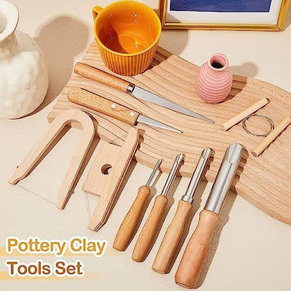 Amylove 9 Pcs Pottery Clay Sculpting Tools Kit DIY Pottery Tools with Smooth Wooden Handles Ceramics Polymer Clay for Trimming Modeling Carving Angle Cutting Smoothing Sculpting - Image 7
