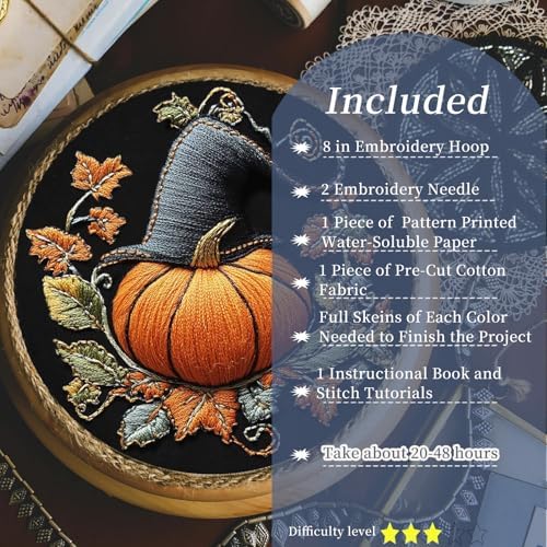 FONNUY Pumpkin Embroidery Kit for Beginners, Pre-Stamped Pattern Kits for Adults with Hoop, Easy to Follow Color Thread Needlework, 8'' Hoop (Witch Hat 3) - Image 2