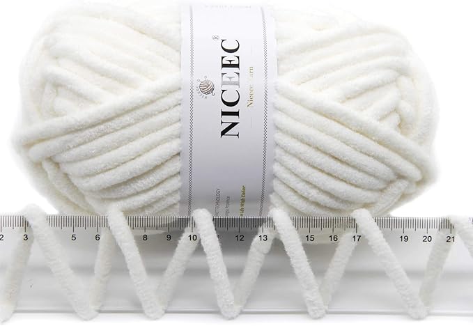 NICEEC 3 Skeins Sparkling Chenille Yarn Soft Blanket Yarn for Crochet & Knitting, Total 165yds/10.6oz - White