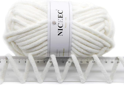 NICEEC 3 Skeins Sparkling Chenille Yarn Soft Blanket Yarn for Crochet & Knitting, Total 165yds/10.6oz - White