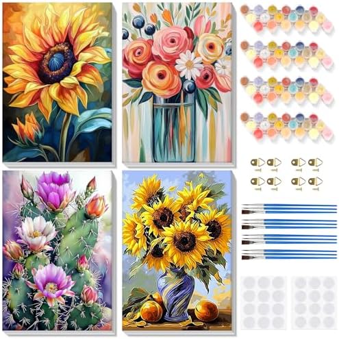 Bowetile 4 Pack Flowers Paint by Numbers for Adults Beginners Framed, Sunflower Adults' Paint-by-Number Kits, Easy Adult Paint by Number Kits on Canvas, Acrylic Number Painting for Home Decor, 8x12in by BOWETILE