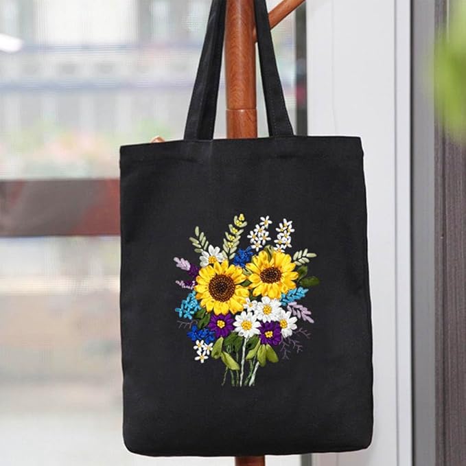 KABAKE Canvas Tote Bag Embroidery Silk Ribbon Kit for Beginners, Arts and DIY Crafts Starter Kit, Includes Stamped Bag, Threads, Tools (Black with Sunflower)