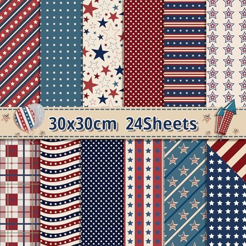 Retro Patriotic Scrapbook Paper Blue Star Patterned Papers Pad 11.8×11.8,24 Sheets Double-Sided Scrapbooking CardStock Paper for 4th of July Card Making Veteran's Day Cardmaking DIY Origami Papers. by iKammo