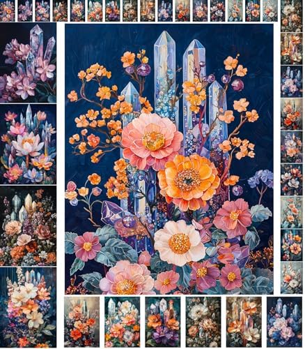 Decoupage Paper Pack (35 Sheets 6"x8") Crystal Bloom: Delicate Flowers and Luminous Quartz Crystals in Mystical Arrangements with Deep Hues and Ethereal Glow FLONZ Vintage by FLONZCRAFT