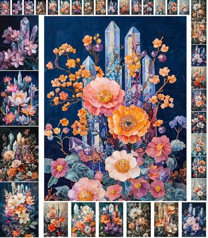 Decoupage Paper Pack (35 Sheets 6"x8") Crystal Bloom: Delicate Flowers and Luminous Quartz Crystals in Mystical Arrangements with Deep Hues and Ethereal Glow FLONZ Vintage by FLONZCRAFT